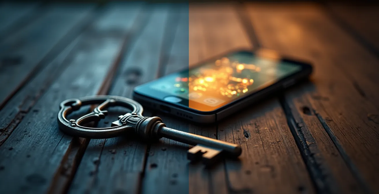 Métaphore visuelle contrastant une clé traditionnelle perdue et le concept moderne de contrôle d'accès numérique