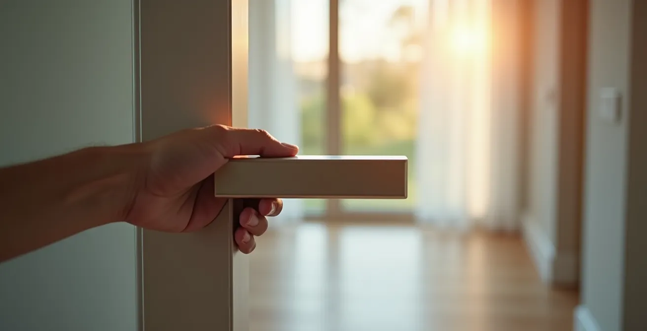 Main illustration: hand opening a modern smart door handle with smartphone control