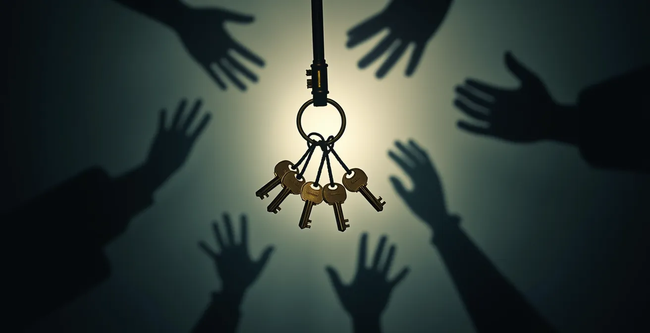 Multiples mains floues autour d'un trousseau de clés représentant la chaîne de possession