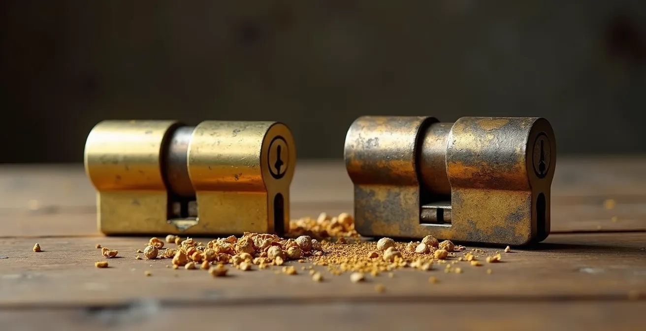 Comparaison visuelle between a new and a worn out lock cylinder.
