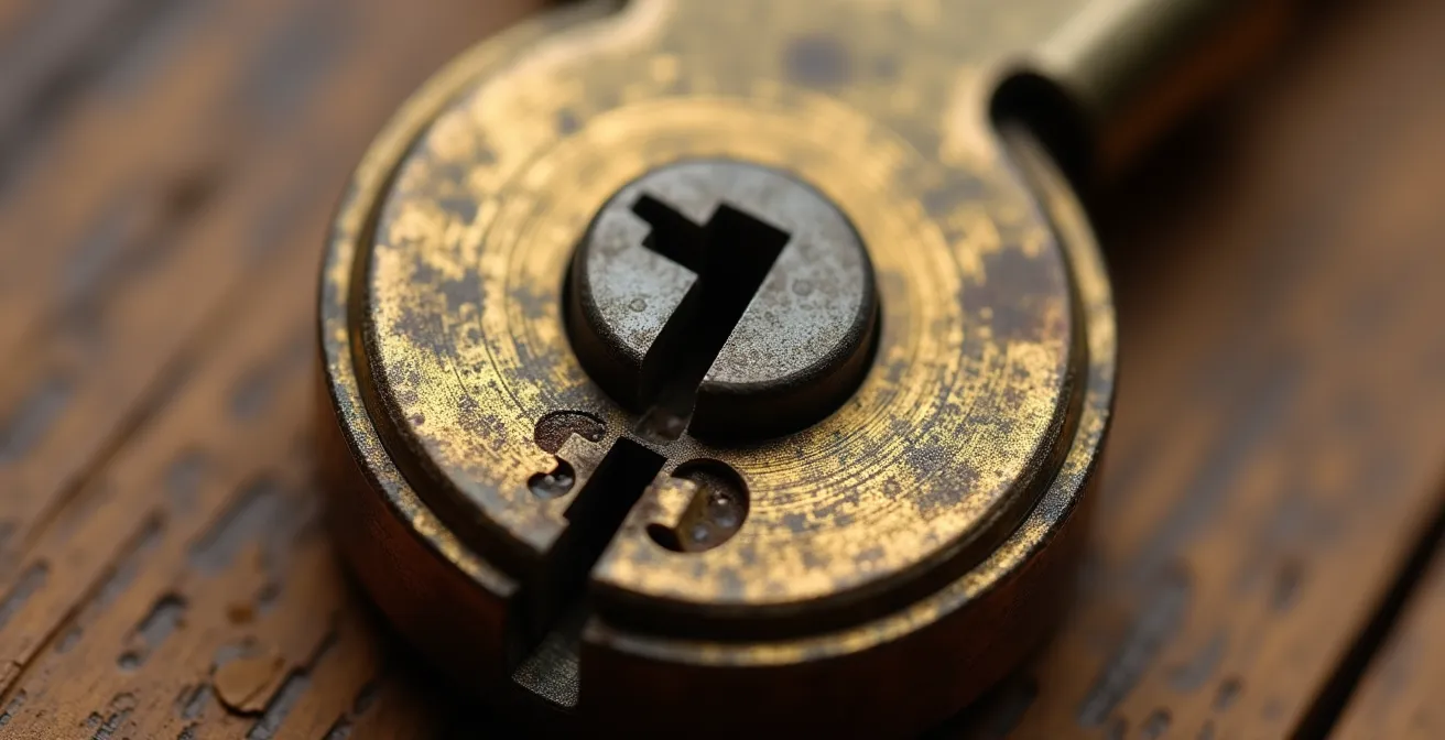 Détail macro d'un panneton cassé dans un cylindre de serrure