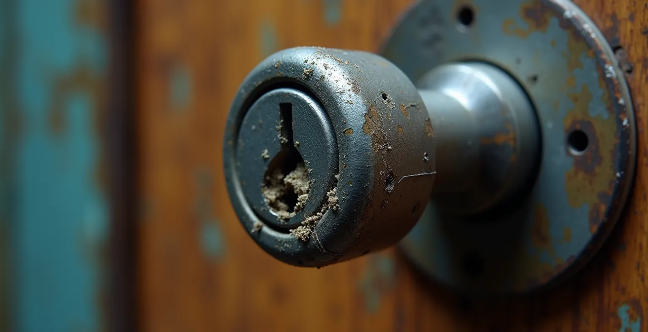 Détail d'une serrure abîmée par une intervention non professionnelle