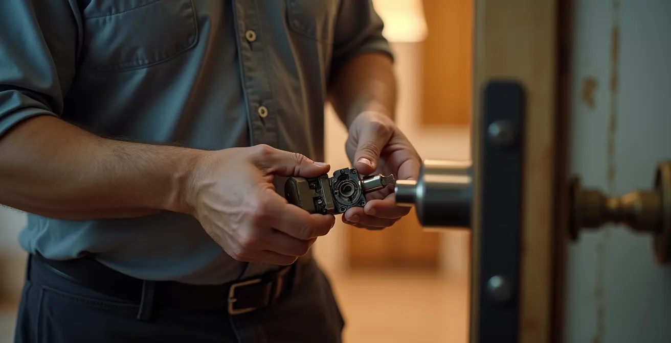 Serrurier professionnel expliquant un diagnostic à un client