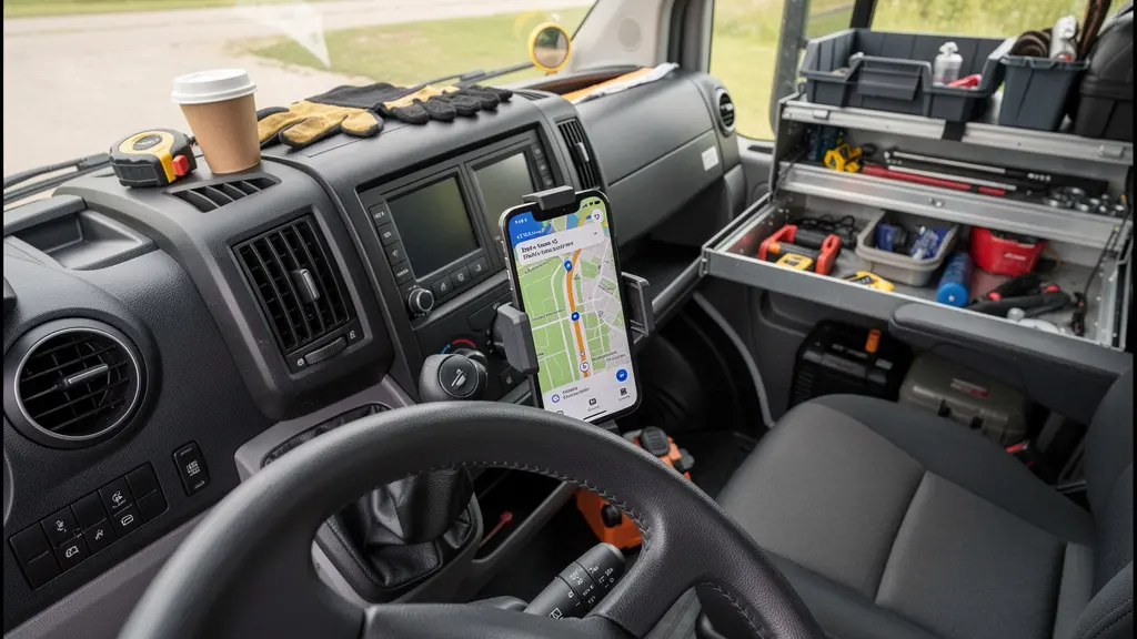 Tableau de bord de véhicule utilitaire avec smartphone affichant une carte de navigation