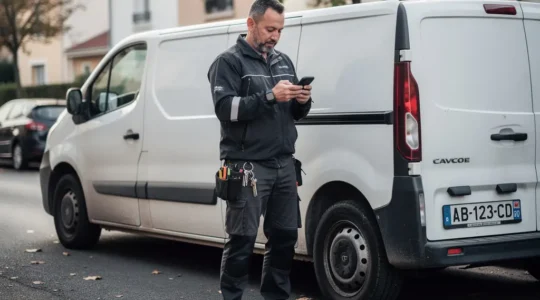 Serrurier consultant son planning sur smartphone près de son véhicule utilitaire