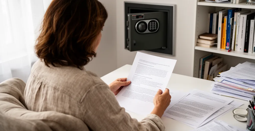 Propriétaire consultant ses documents d'assurance avec coffre-fort encastré visible