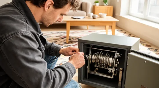 Artisan serrurier examinant un coffre-fort ouvert dans un intérieur résidentiel