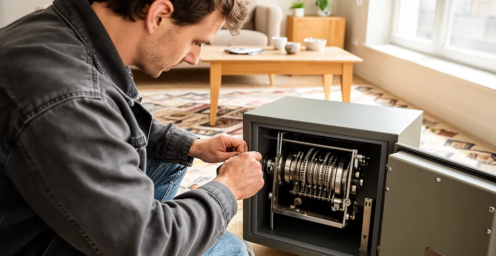 Artisan serrurier examinant un coffre-fort ouvert dans un intérieur résidentiel