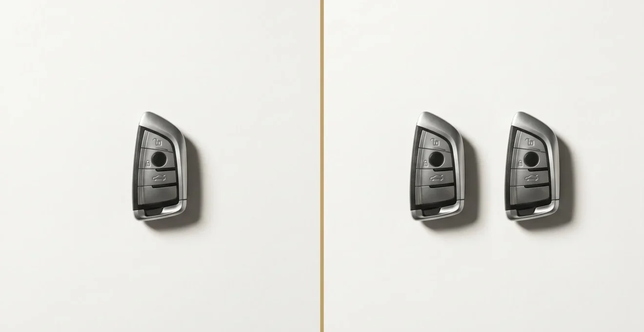 Photographie conceptuelle en diptyque montrant à gauche une clé de voiture électronique unique isolée sur fond blanc, et à droite deux clés identiques côte à côte, illustrant le contraste entre unicité vulnérable et sécurité par duplication