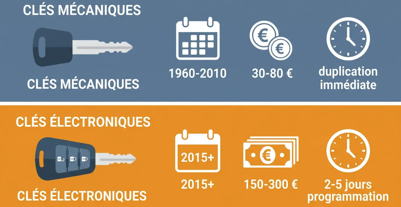 Schéma comparatif en flat design distinguant les clés mécaniques (1960-2010, 30-80 €, duplication immédiate) des clés électroniques modernes (2015+, 150-300 €, délai 2-5 jours pour programmation)
