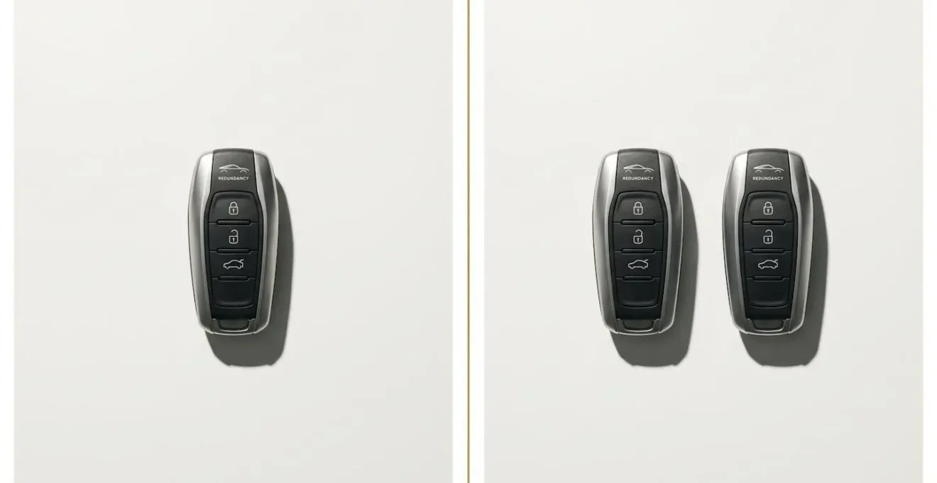 Photographie conceptuelle en diptyque montrant à gauche une clé de voiture électronique unique isolée sur fond blanc, et à droite deux clés identiques côte à côte, illustrant le contraste entre unicité vulnérable et sécurité par duplication