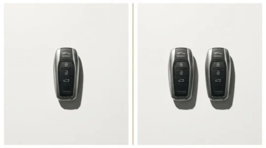 Photographie conceptuelle en diptyque montrant à gauche une clé de voiture électronique unique isolée sur fond blanc, et à droite deux clés identiques côte à côte, illustrant le contraste entre unicité vulnérable et sécurité par duplication
