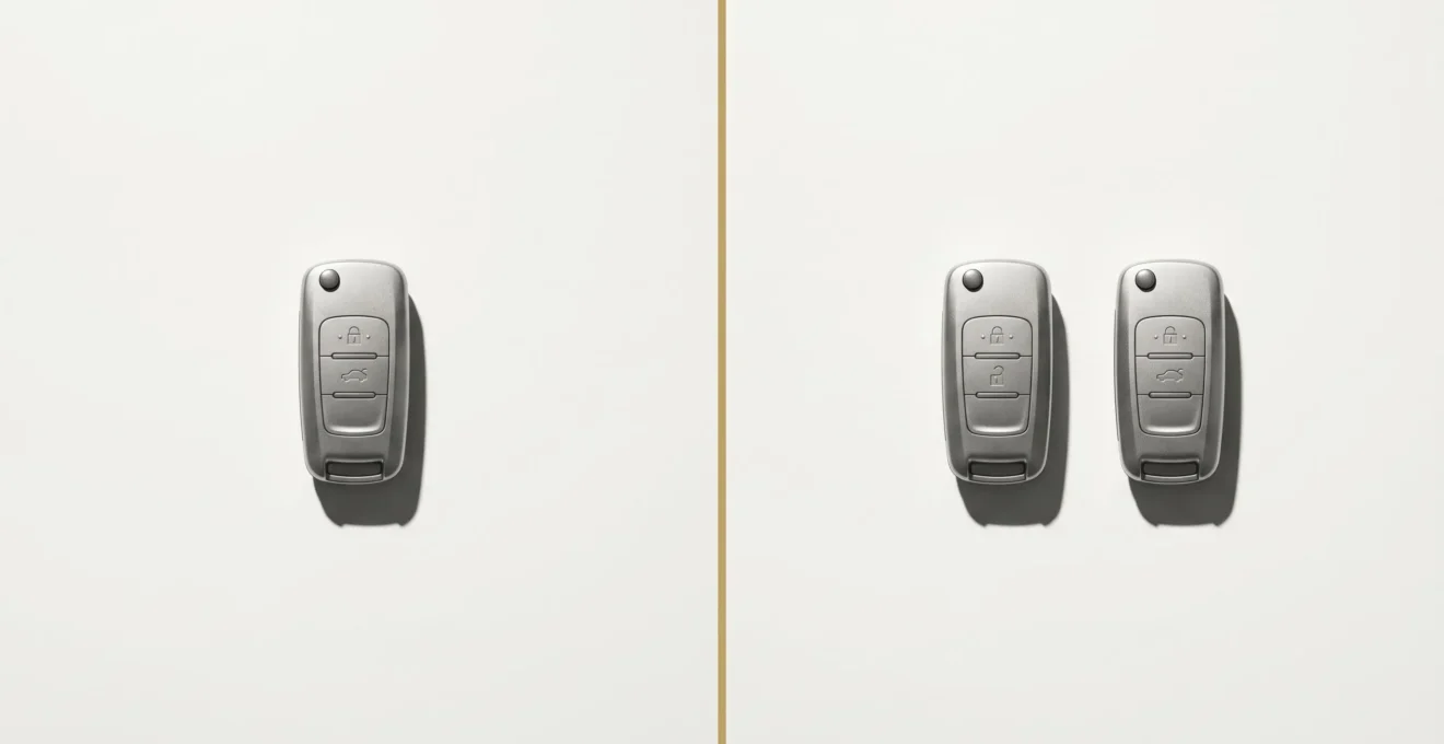 Photographie conceptuelle en diptyque montrant à gauche une clé de voiture électronique unique isolée sur fond blanc, et à droite deux clés identiques côte à côte, illustrant le contraste entre unicité vulnérable et sécurité par duplication