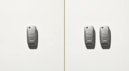 Photographie conceptuelle en diptyque montrant à gauche une clé de voiture électronique unique isolée sur fond blanc, et à droite deux clés identiques côte à côte, illustrant le contraste entre unicité vulnérable et sécurité par duplication