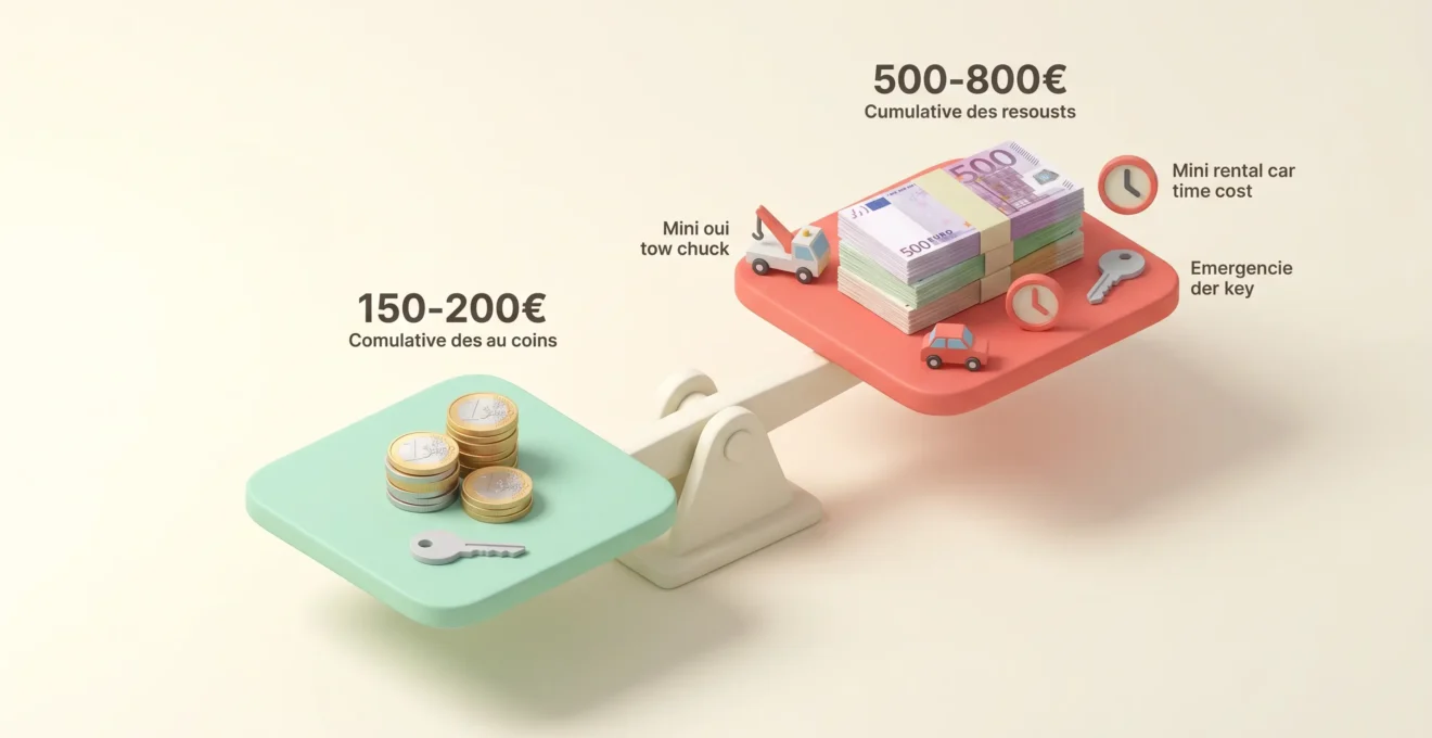 Illustration 3D isométrique d'une balance déséquilibrée comparant le coût d'une duplication préventive (150-200 € à gauche) versus les coûts cumulés d'une intervention d'urgence (500-800 € à droite avec dépanneuse, location et clé urgente)
