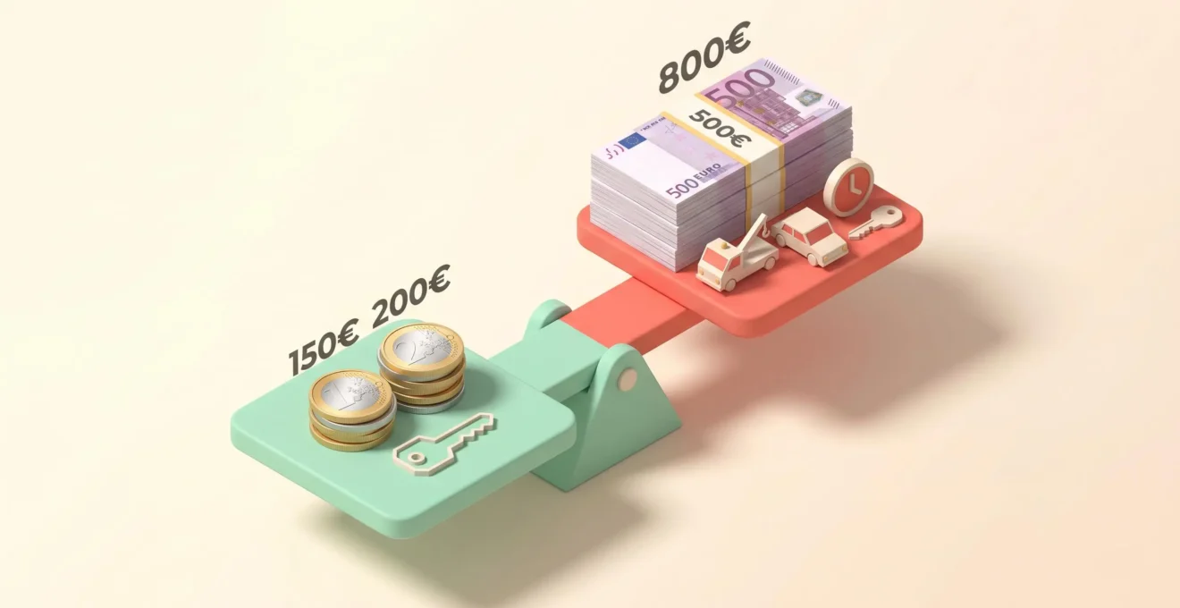 Illustration 3D isométrique d'une balance déséquilibrée comparant le coût d'une duplication préventive (150-200 € à gauche) versus les coûts cumulés d'une intervention d'urgence (500-800 € à droite avec dépanneuse, location et clé urgente)