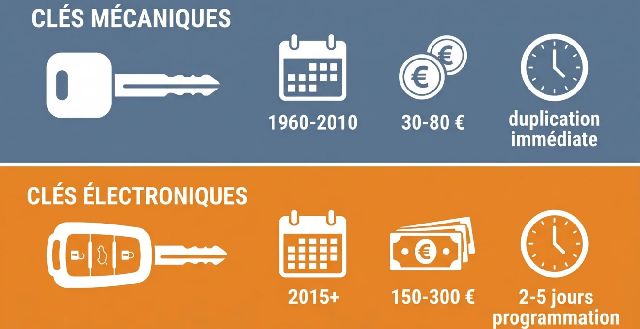 Schéma comparatif en flat design distinguant les clés mécaniques (1960-2010, 30-80 €, duplication immédiate) des clés électroniques modernes (2015+, 150-300 €, délai 2-5 jours pour programmation)