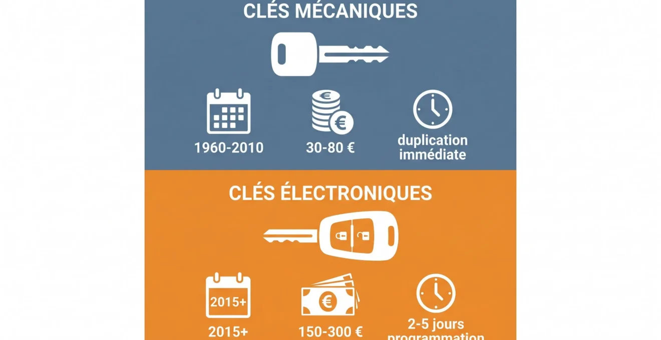 Schéma comparatif en flat design distinguant les clés mécaniques (1960-2010, 30-80 €, duplication immédiate) des clés électroniques modernes (2015+, 150-300 €, délai 2-5 jours pour programmation)
